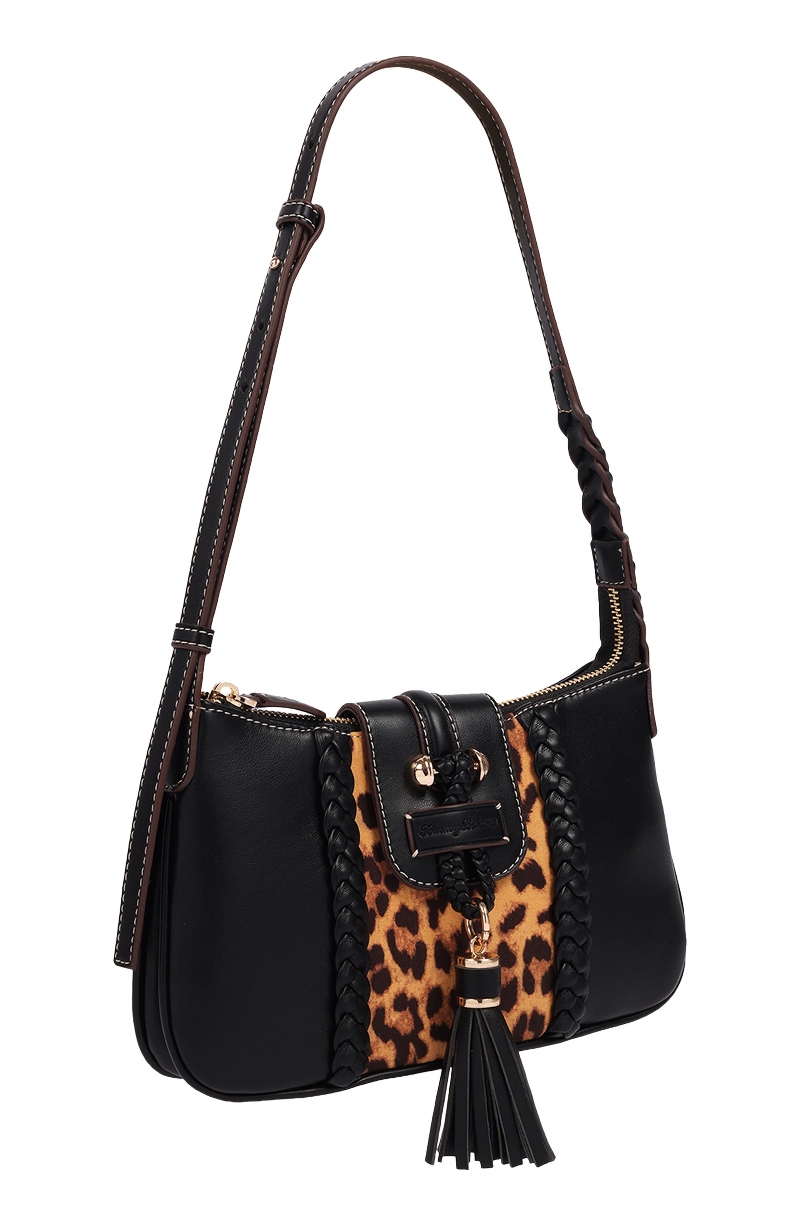 Leopard Band Faux Leather Shoulder Bag, Alternate, color, BLACK