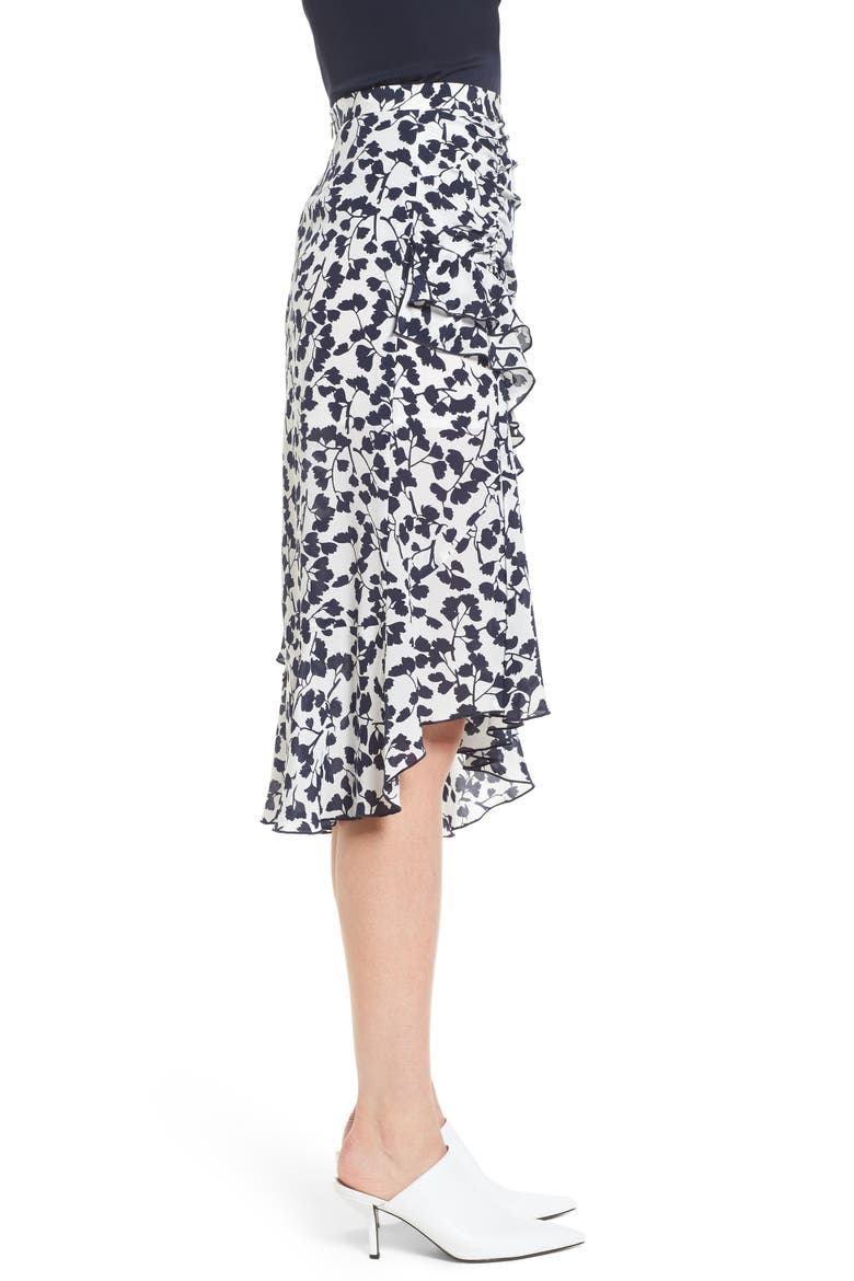 Ruffled Print Silk Skirt, Alternate, color, WHITE GINGKO LEAF