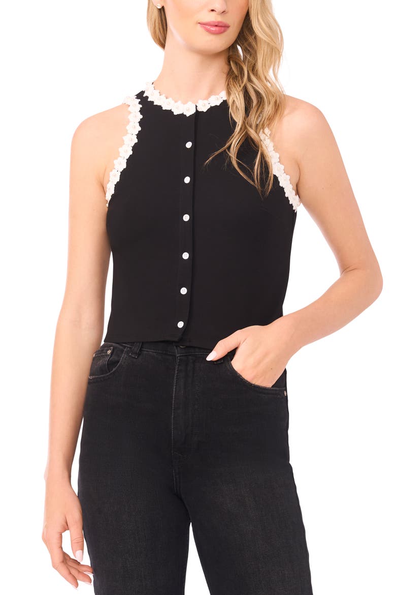 Faux Pearl Floral Trim Sleeveless Top, Main, color, RICH BLACK