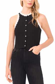 Faux Pearl Floral Trim Sleeveless Top
