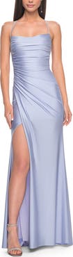 La Femme Jersey Dress with Square Neckline and Ruching