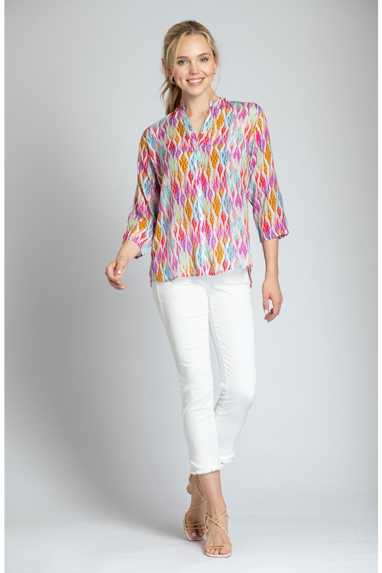 Print Mandarin Collar Chiffon Button-Up Top, Alternate, color, ORANGE MULTI