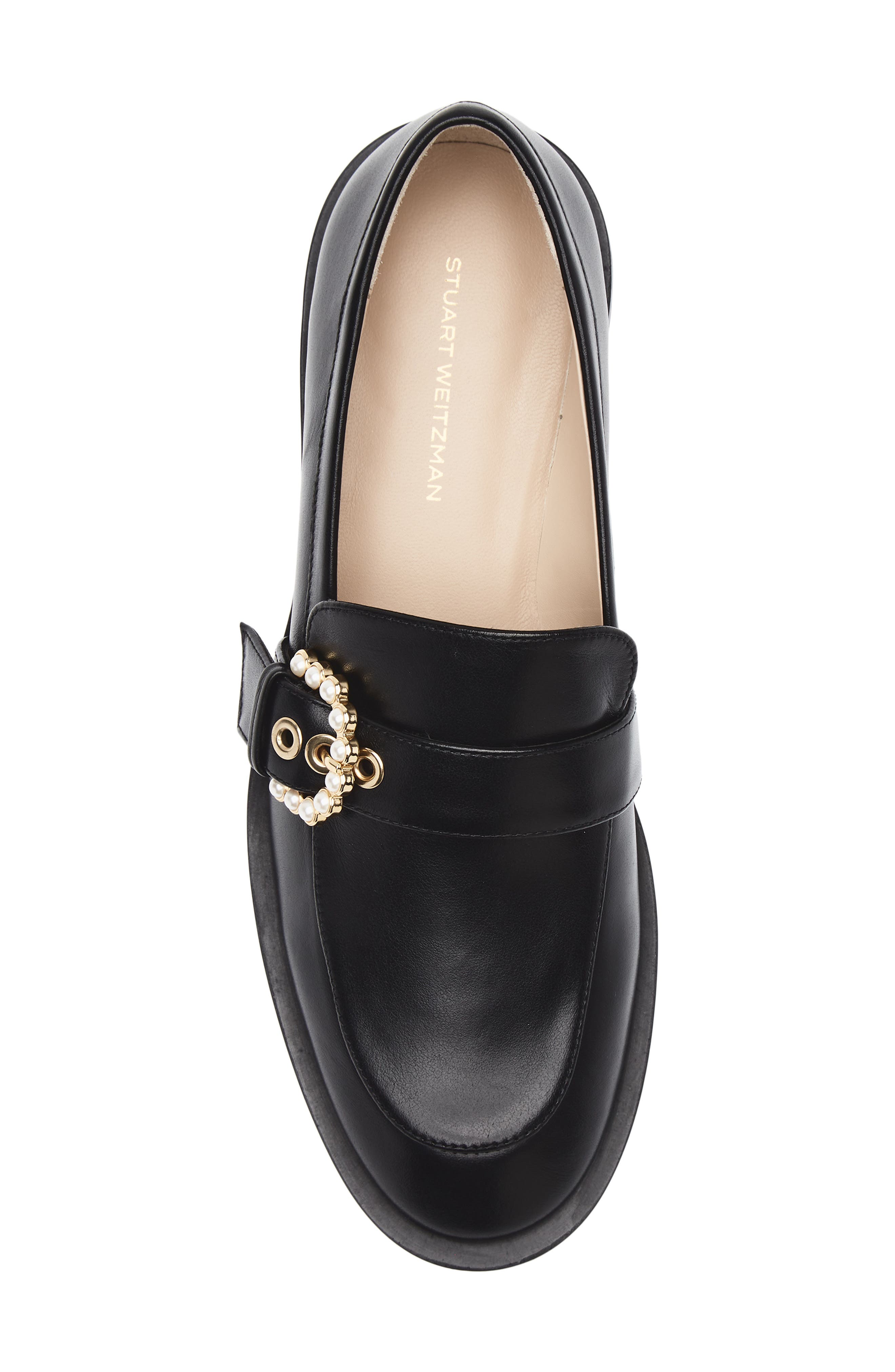 Stuart Weitzman Piper Faux Pearl Buckle Loafer, Alternate, color, Black