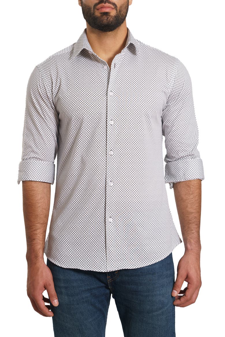 Trim Fit Print Button-Up Shirt, Main, color, WHITE PAISLEY