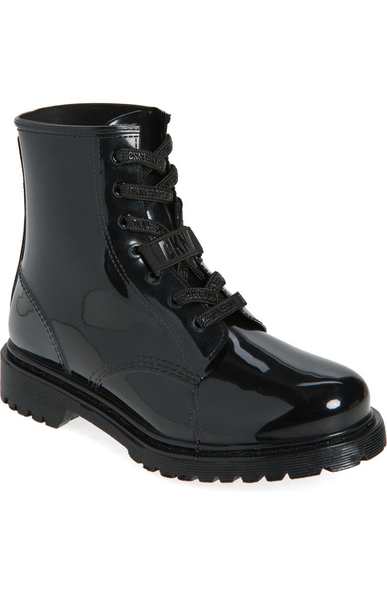 DKNY Tilly Lace-Up Rain Boot, Main, color, Black/ Shiny