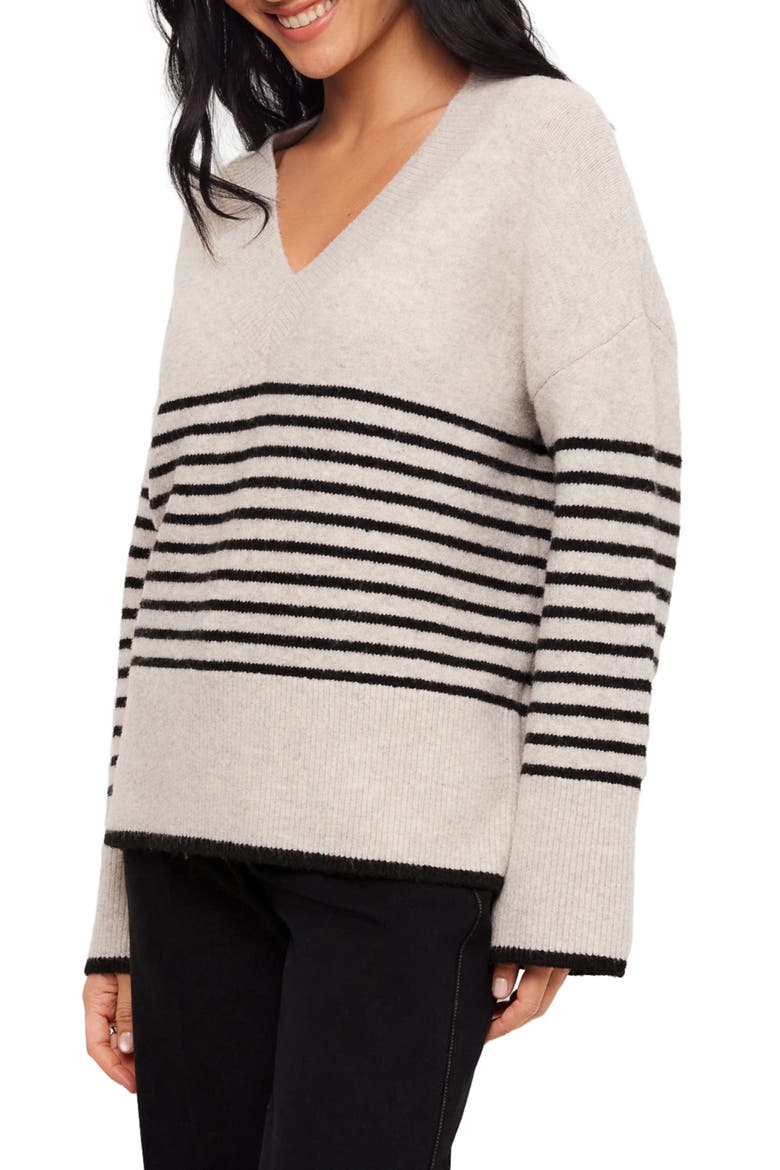 Stripe V-Neck Sweater, Alternate, color, OATMEAL W/ BLACK