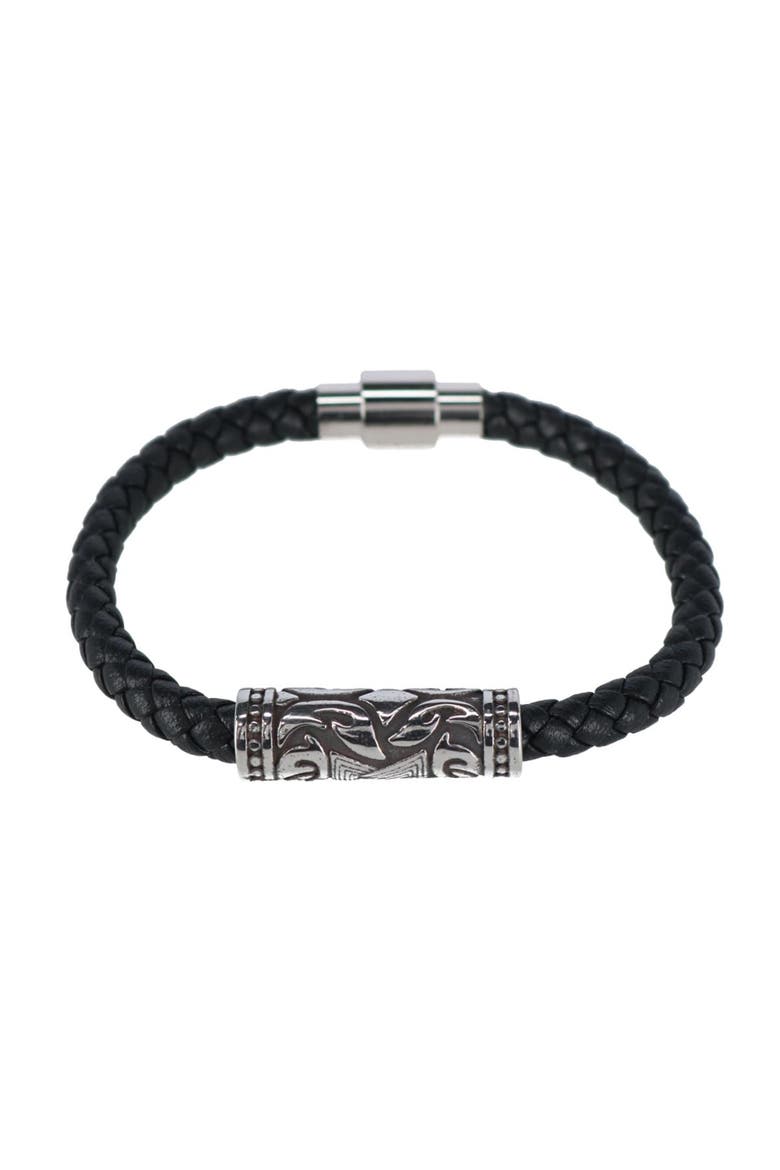 Silver Filigree Pattern on Black Leather Bracelet, Main, color, Black