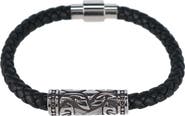 Trafalgar Silver Filigree Pattern on Black Leather Bracelet