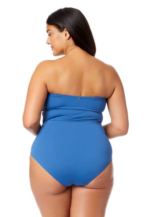 Anne Cole Plus Plus Palm Chic Twist Front Shirred One Piece Swimsuit In Slate Blue