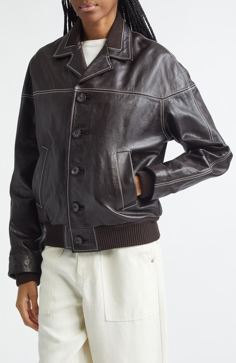 Wales Bonner Time Rib Trim Leather Jacket, Alternate, color, Dark Brown