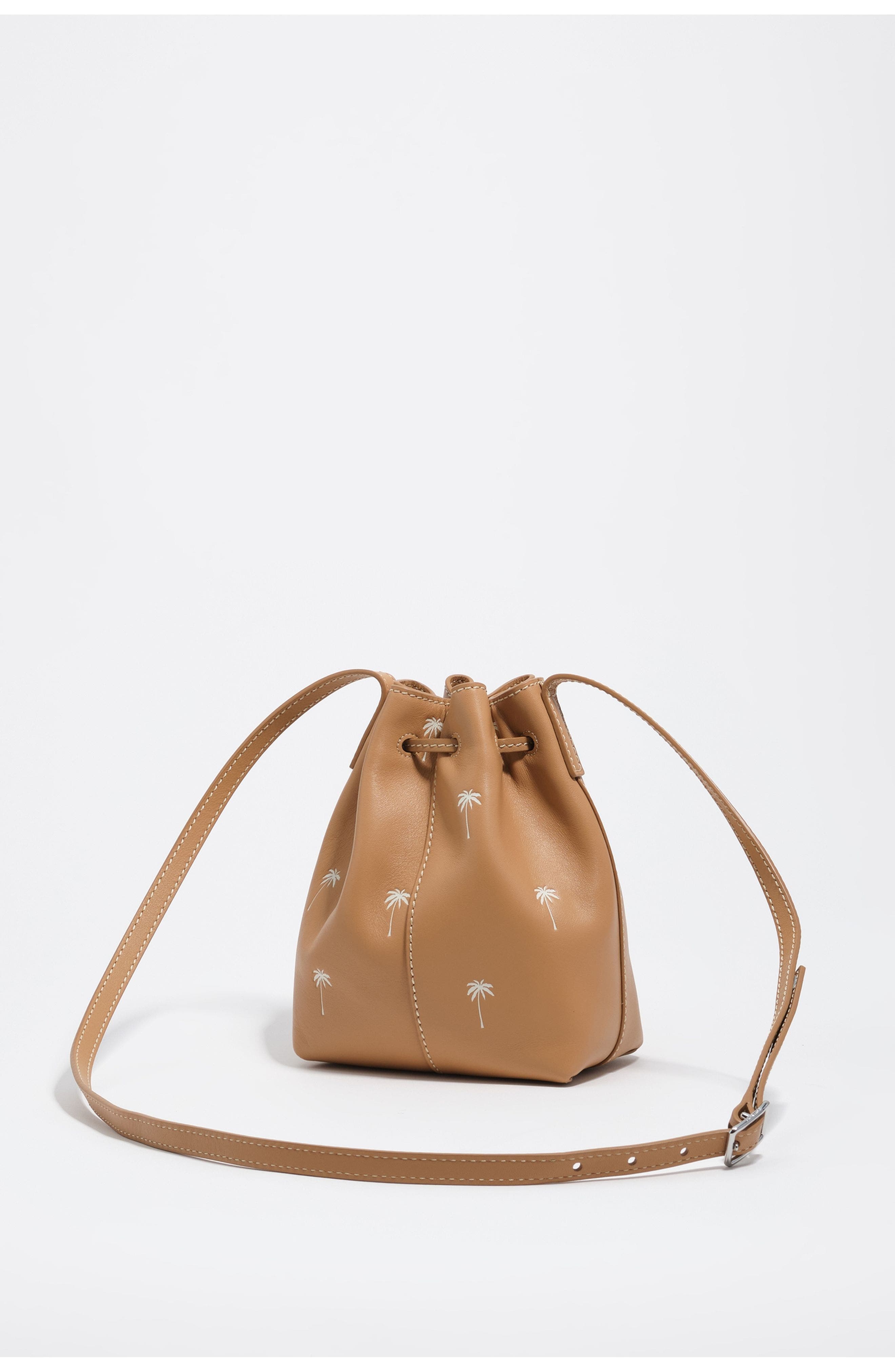 Bimba y Lola Small Palms print leather Carlino bucket bag, Alternate, color, Hazelnut
