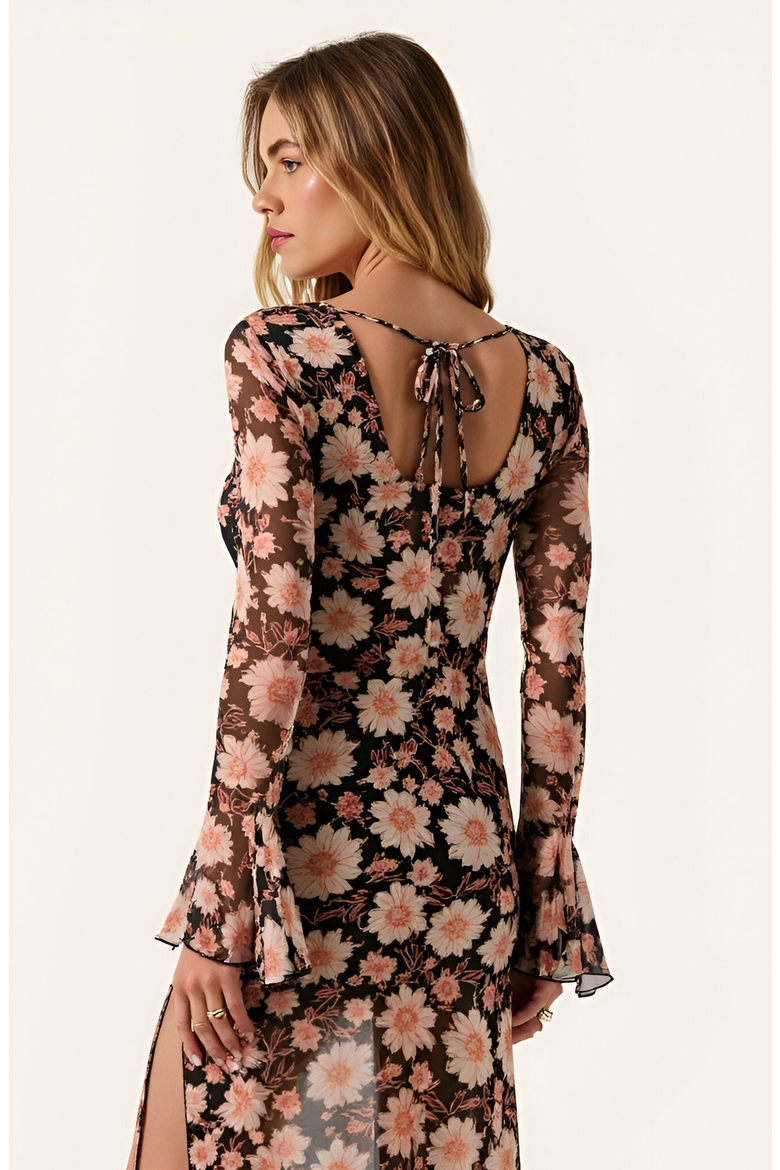 Floral Mesh Maxi Dress with Trumpet Sleeves, Drop Waist and Asymmetrical Slit Skirt, Alternate, color, Floral Mesh