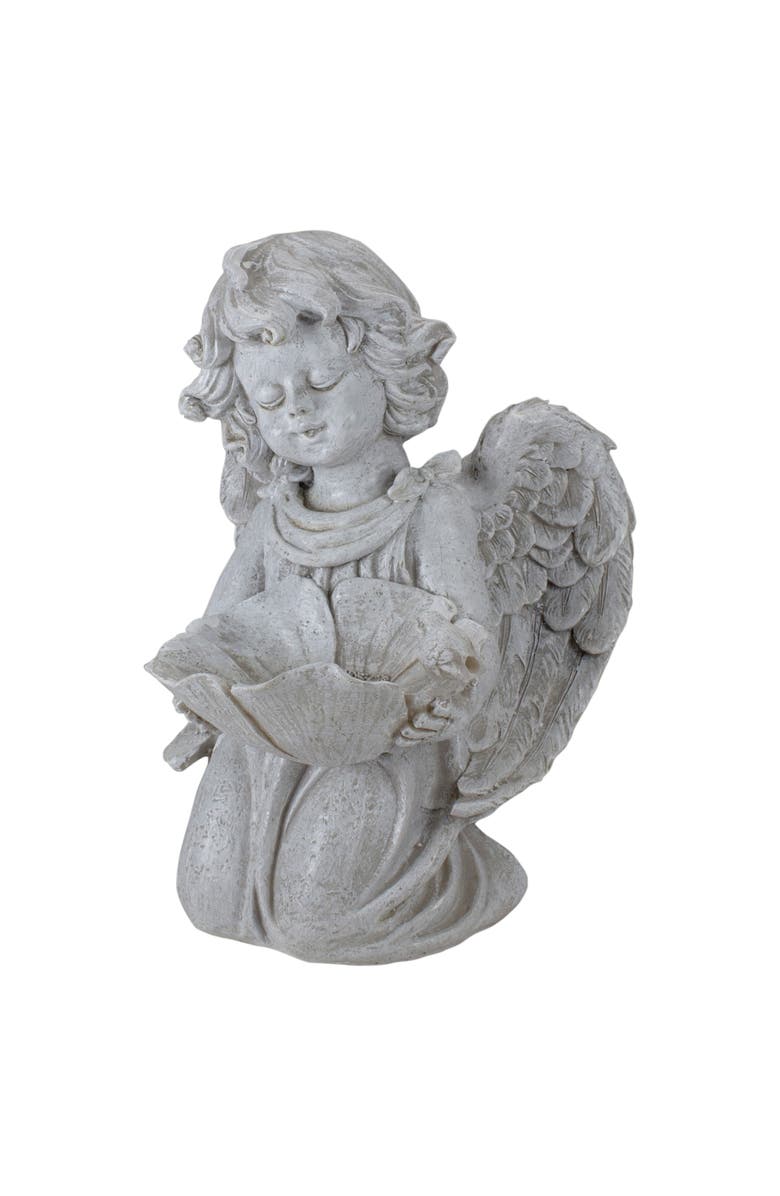 Northlight 9" Kneeling Angel with Flower Bird Feeder Outdoor Garden Statue, Main, color, Gray
