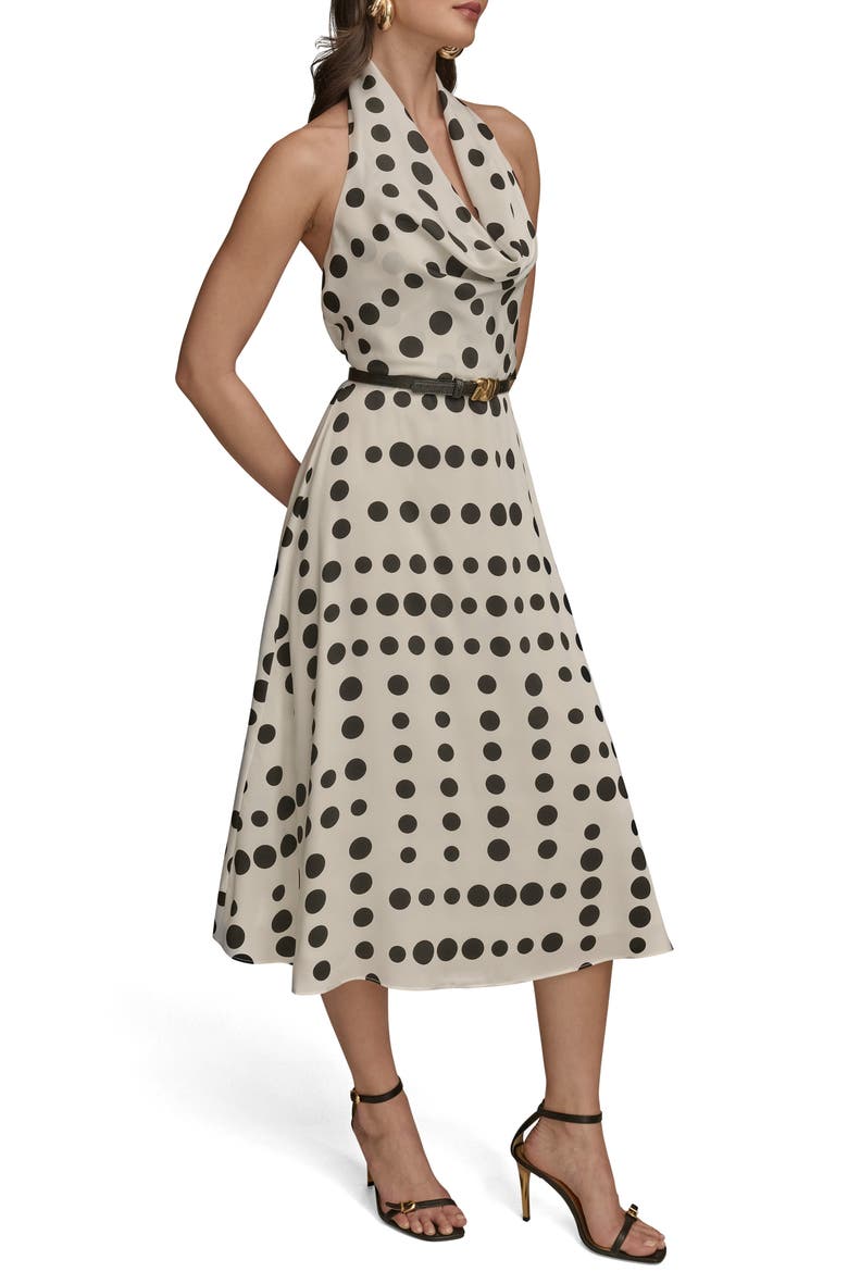 Poly Dot Halter Midi Dress, Alternate, color, CREAM/BLACK