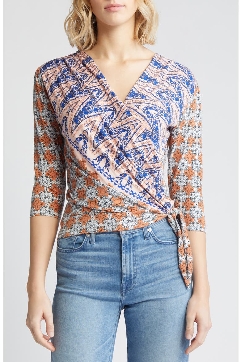 Print Tie Waist Faux Wrap Top, Main, color, BLUSH