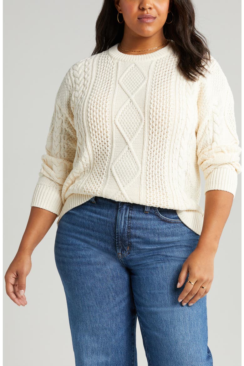 Cable Knit Crewneck Sweater, Alternate, color, ANTIQUE CREAM