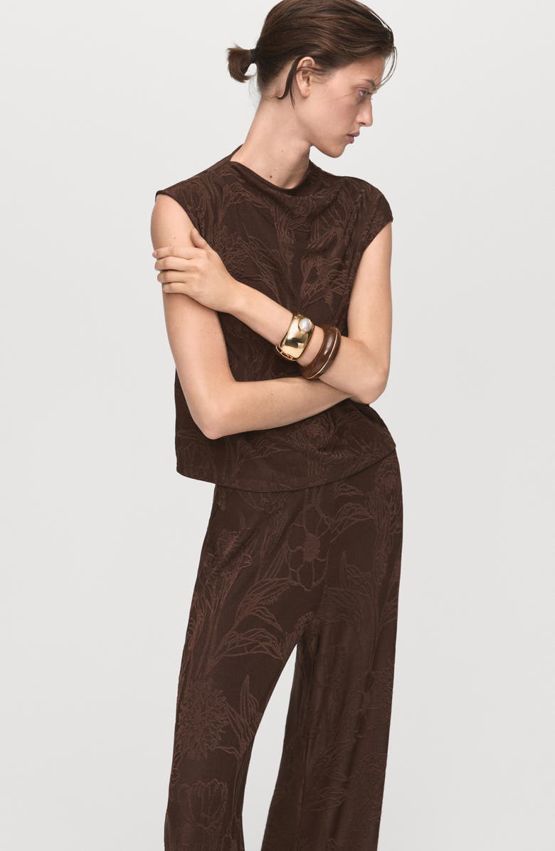 MANGO Floral Jacquard Wide Leg Pants, Alternate, color, Brown