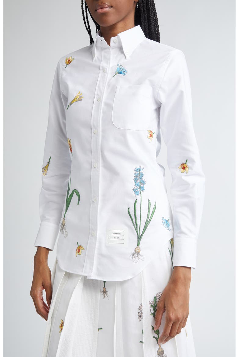Floral Embroidered Cotton Button-Down Shirt, Alternate, color, WHITE