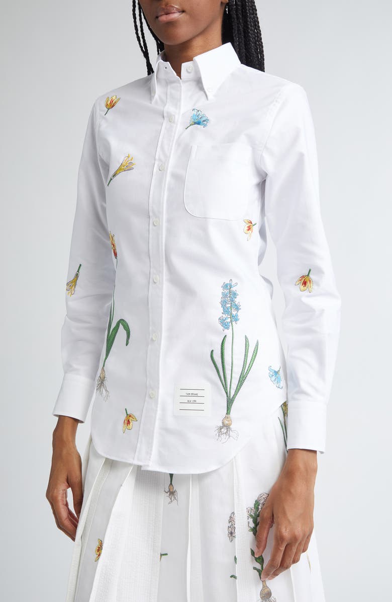 Thom Browne Floral Embroidered Cotton Button-Down Shirt, Alternate, color, White