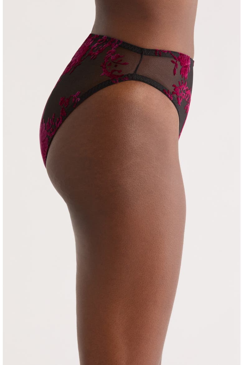 Floral Flocked High Waist Briefs, Alternate, color, BLACK-BOYSENBERRY