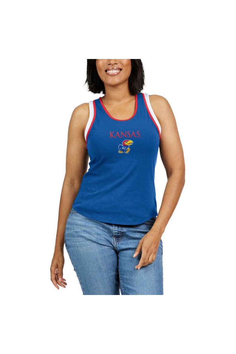Women's WEAR by Erin Andrews Royal Kansas Jayhawks Open Hole Razorback Tank Top, Alternate, color, Royal