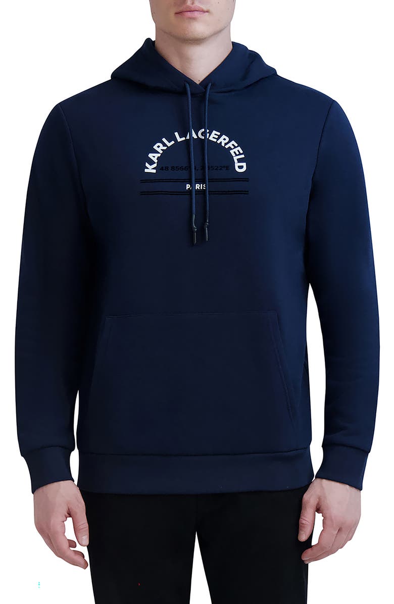 KARL LAGERFELD PARIS Latitude/Longitude Flocked Logo Hoodie, Main, color,