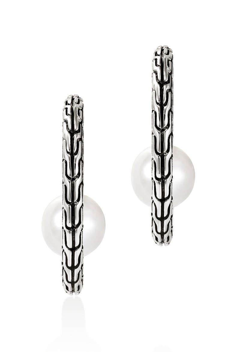 JH Essentials Pearl Hoop Earrings, Sterling Silver, 20mm, Alternate, color, SILVER/PEARL
