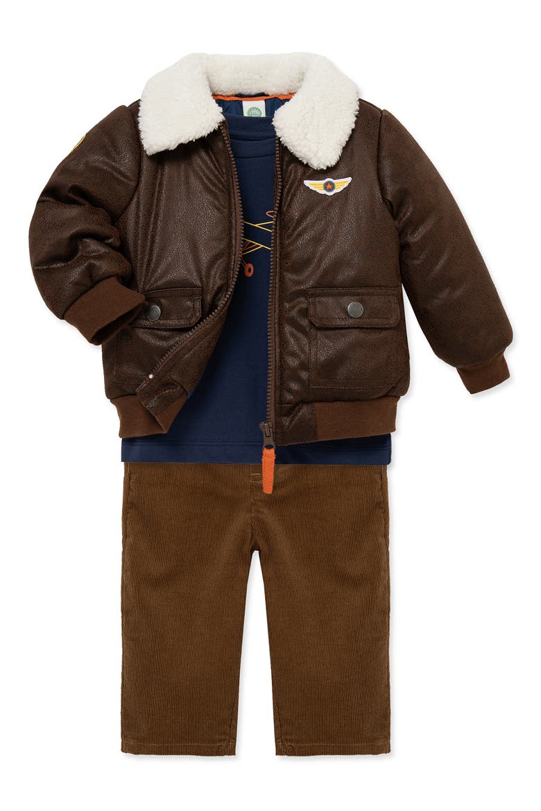 Set of 3 Aviator Graphic T-Shirt, Corduroy Pants & Faux Leather Flight Jacket, Alternate, color, BROWN