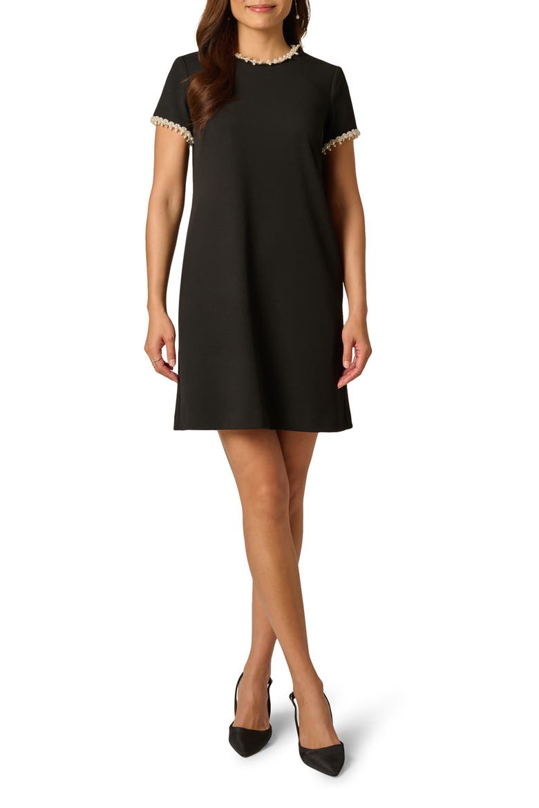 Faux Pearl Detail Crepe Dress, Main, color, BLACK/ IVORY