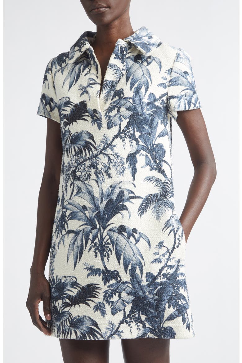 Palm Leaves Print Cotton & Wool Blend Tweed Dress, Alternate, color, NAVY/ IVORY