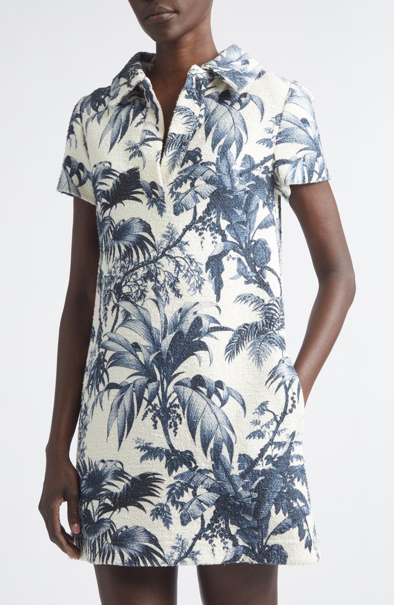 Oscar de la Renta Palm Leaves Print Cotton & Wool Blend Tweed Dress, Alternate, color, Navy/ Ivory