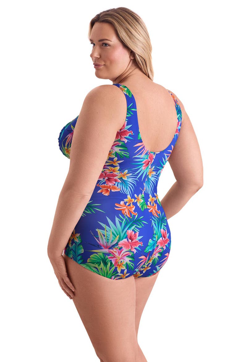 Shirred Front Princess Seam Girl Leg Plus Size One-Piece Swimsuit, Alternate, color, Tropical Tendencies