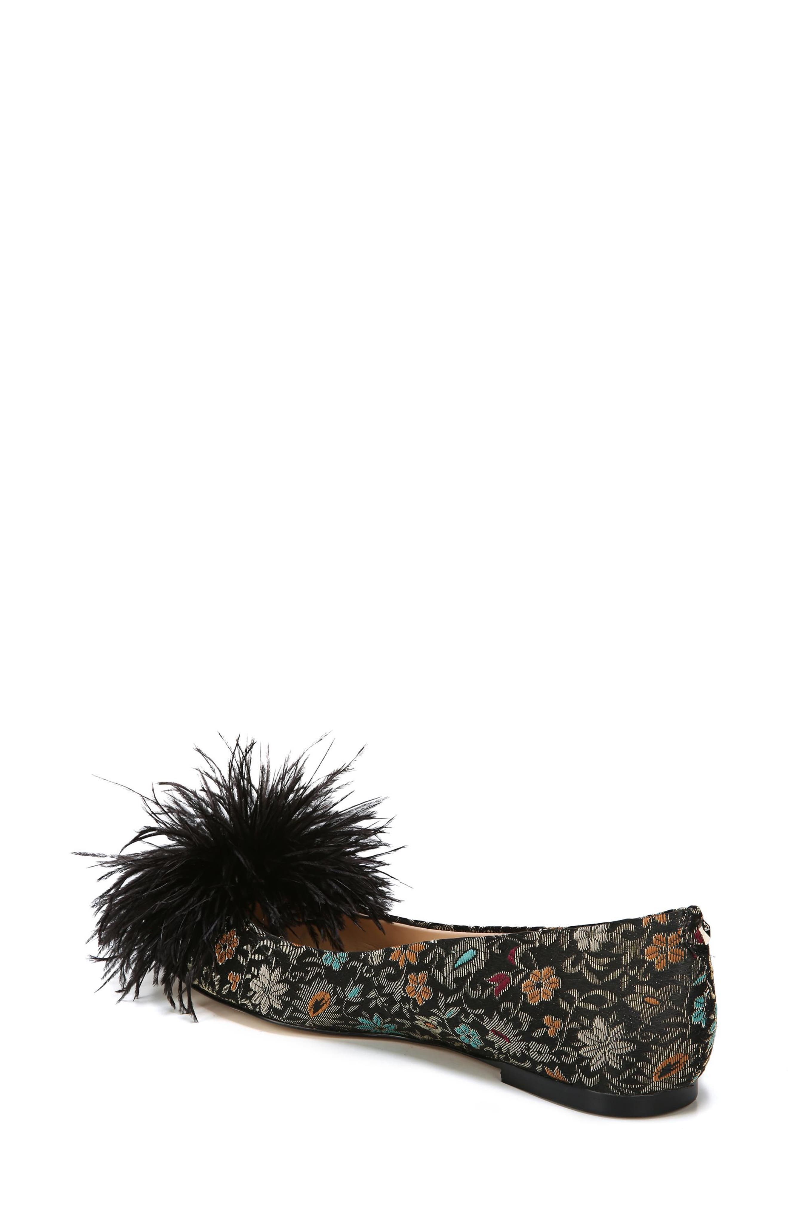 Reina Feather Pompom Flat, Alternate, color, BLACK FLORAL BROCADE