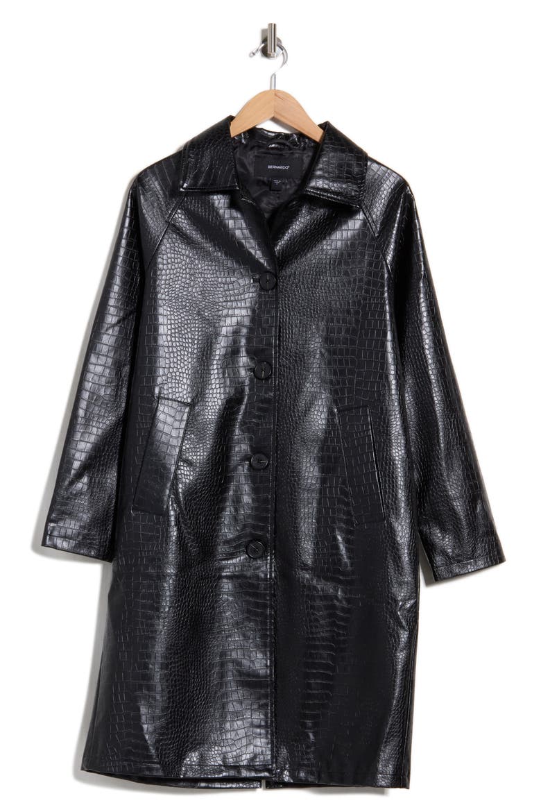 Croc Embossed Faux Leather Trench Coat, Alternate, color, BLACK