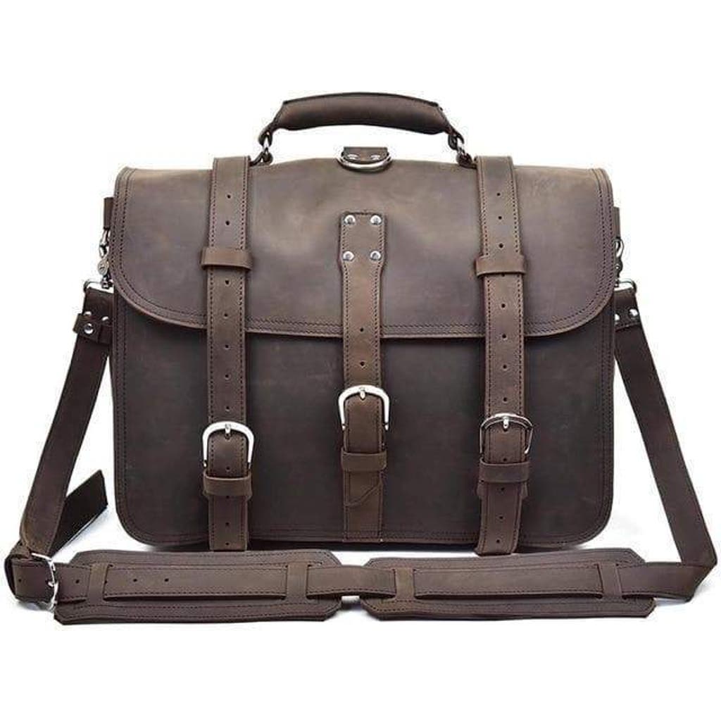 Steel Horse Leather The Gustav Messenger Bag | Large Capacity Vintage Leather Messenger Bag In Dark Brown