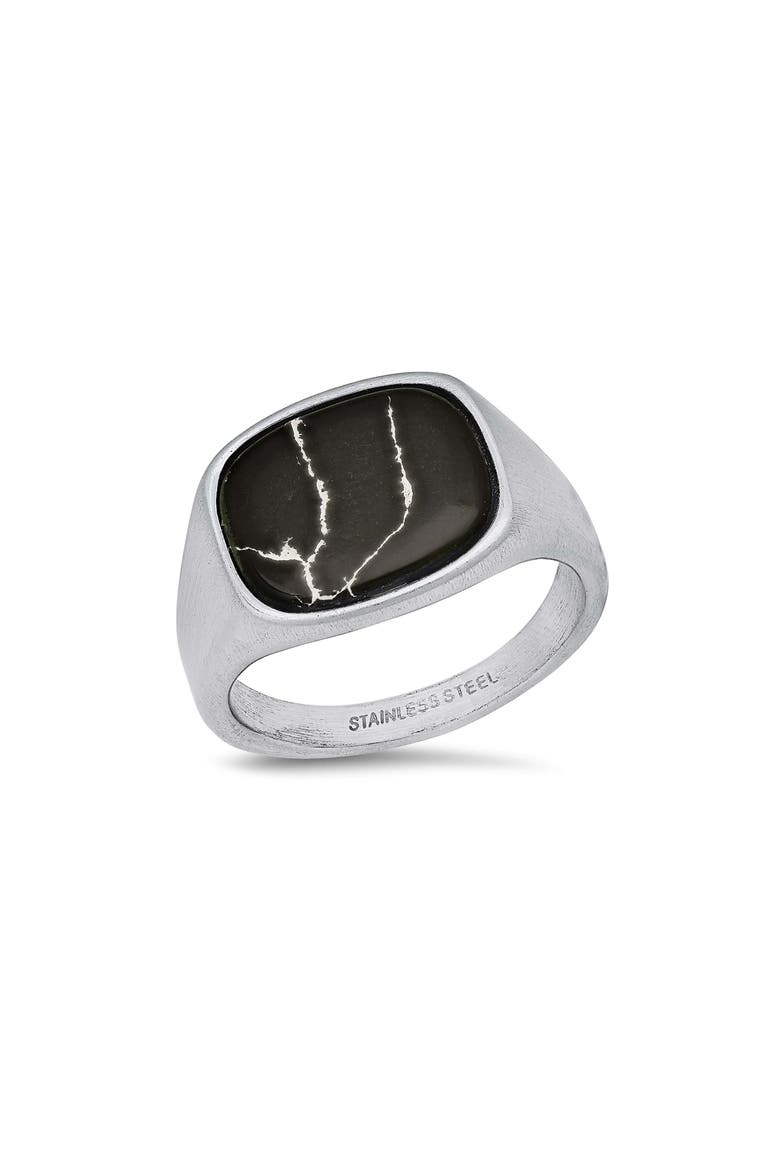 Men's Stainless Steel Marbled Signet Ring, Main, color, SILVER/BLACK