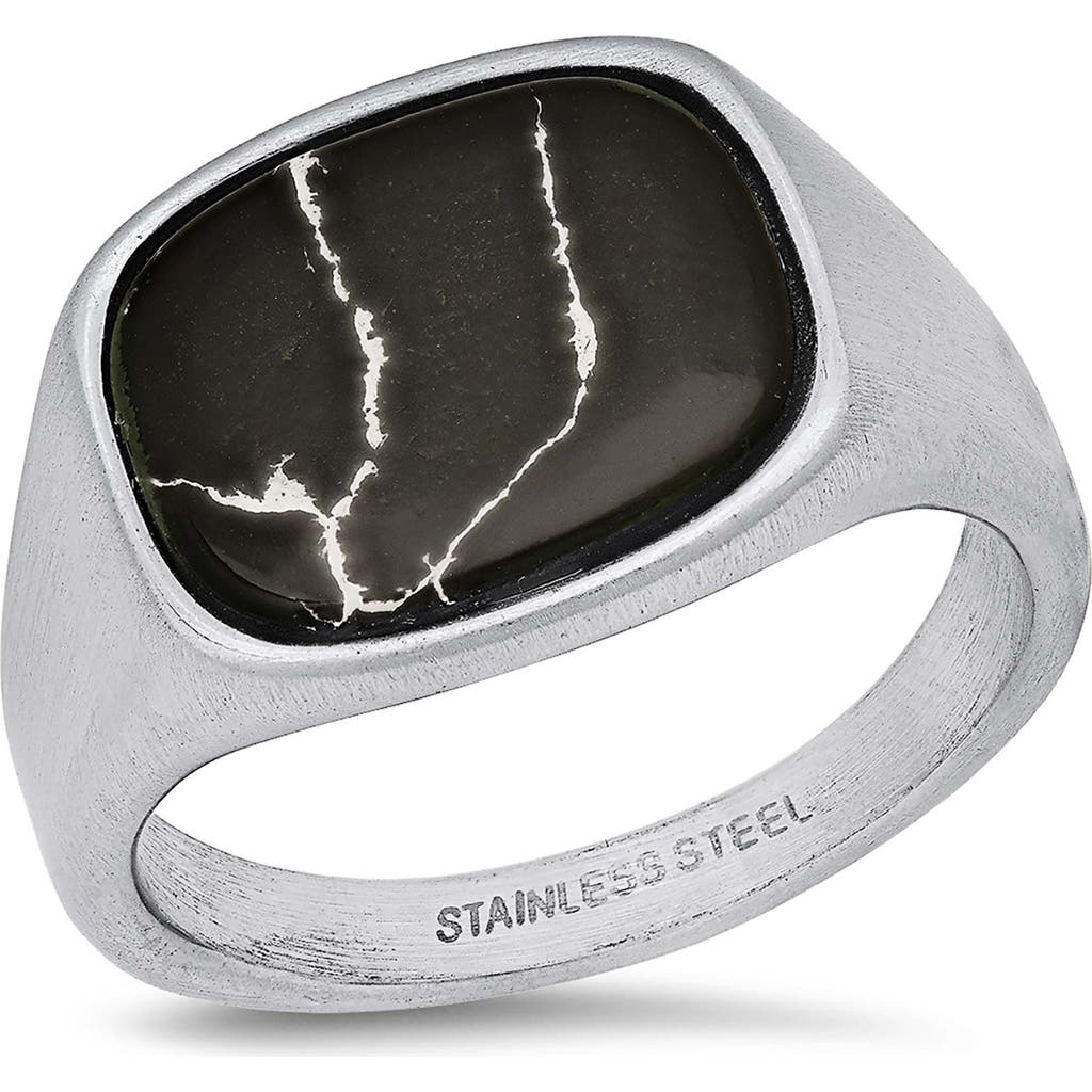 Steeltime Stainless Steel Marbled Signet Ring In Silver/black