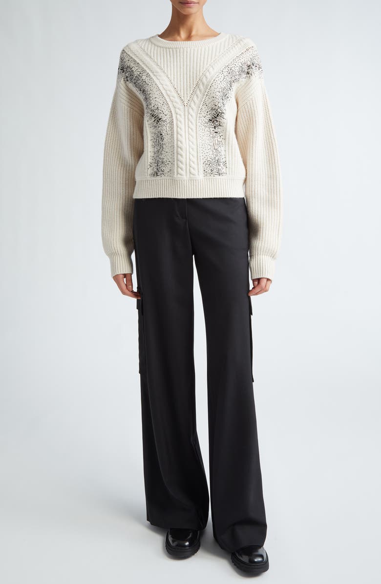 Max Mara Studio Lessy Crystal Embellished Cable Stitch Virgin Wool Sweater, Alternate, color, 
