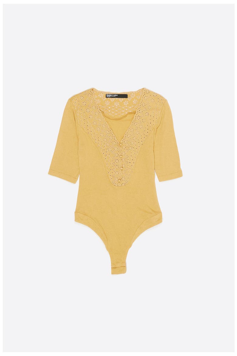 Embroidered V-Neck Bodysuit, Alternate, color, MUSTARD