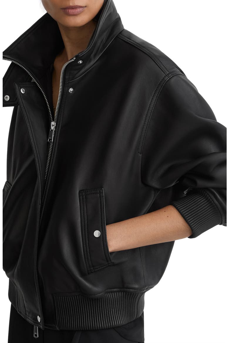 Cara Leather Bomber Jacket, Alternate, color, BLACK