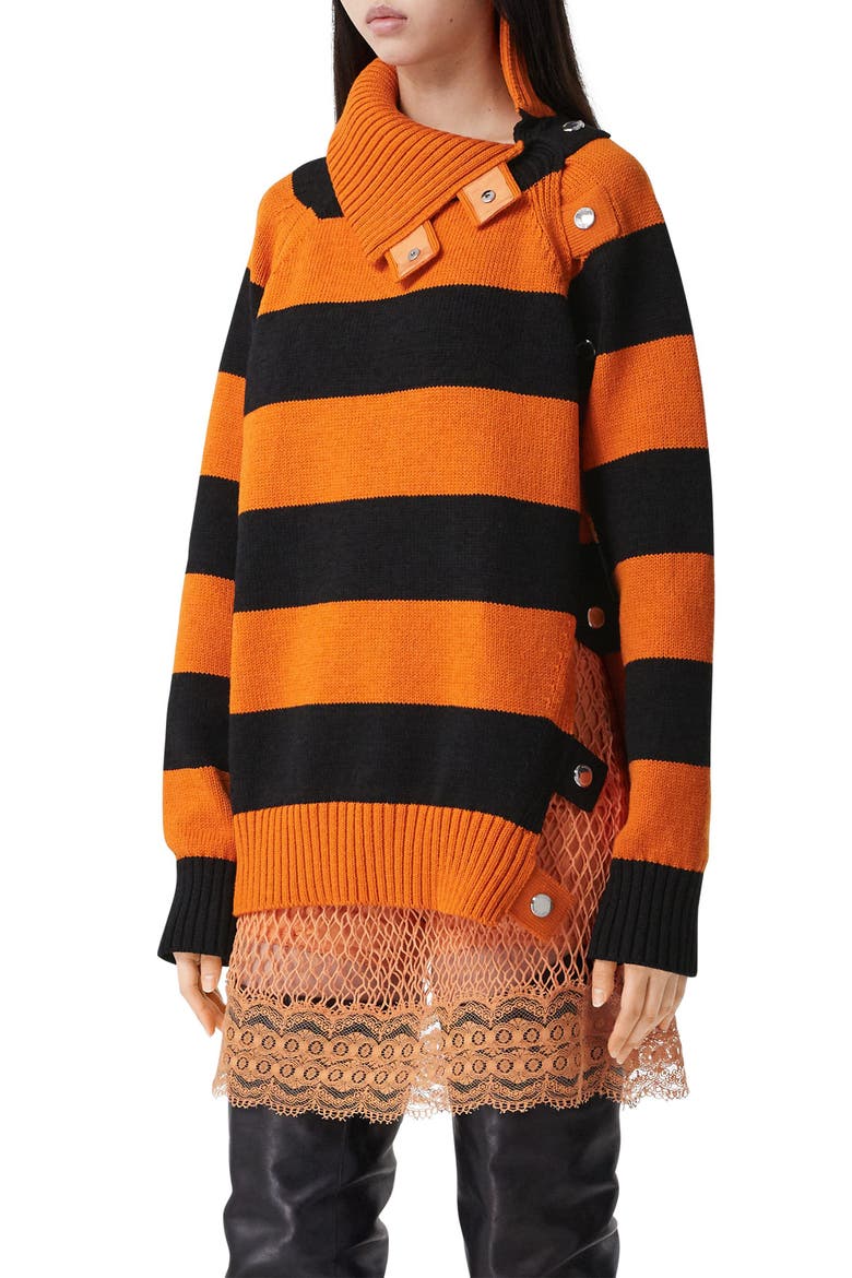 Stripe Snap Funnel Neck Sweater, Alternate, color, DEEP ORANGE