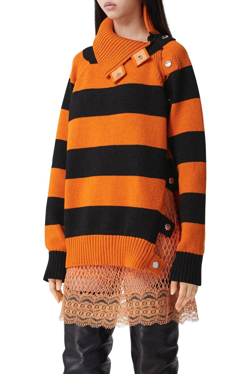 Burberry Stripe Snap Funnel Neck Sweater, Alternate, color,