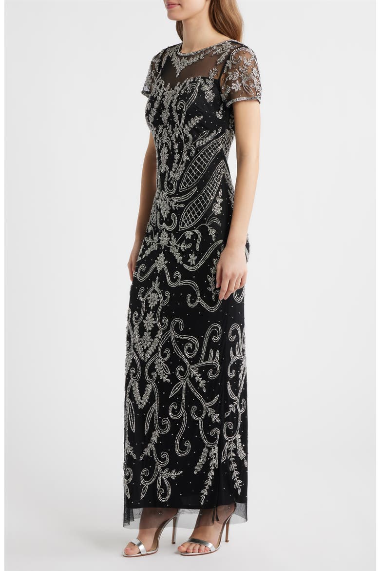 Beaded Mesh Gown, Alternate, color, BLACK/ SILVER