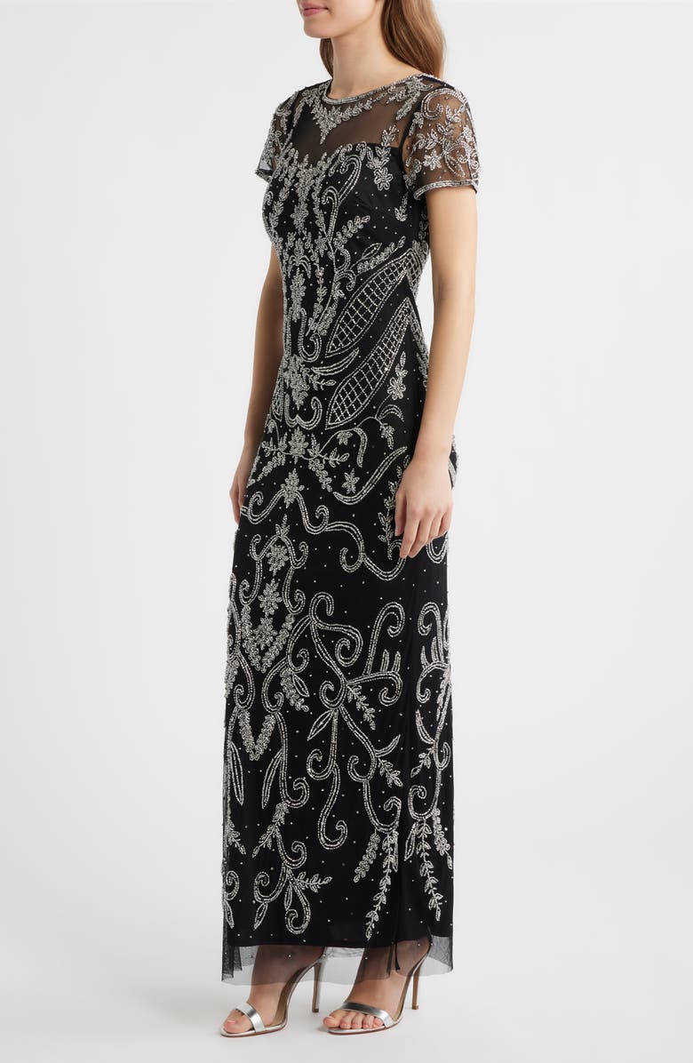 Pisarro Nights Beaded Mesh Gown, Alternate, color, Black/ Silver