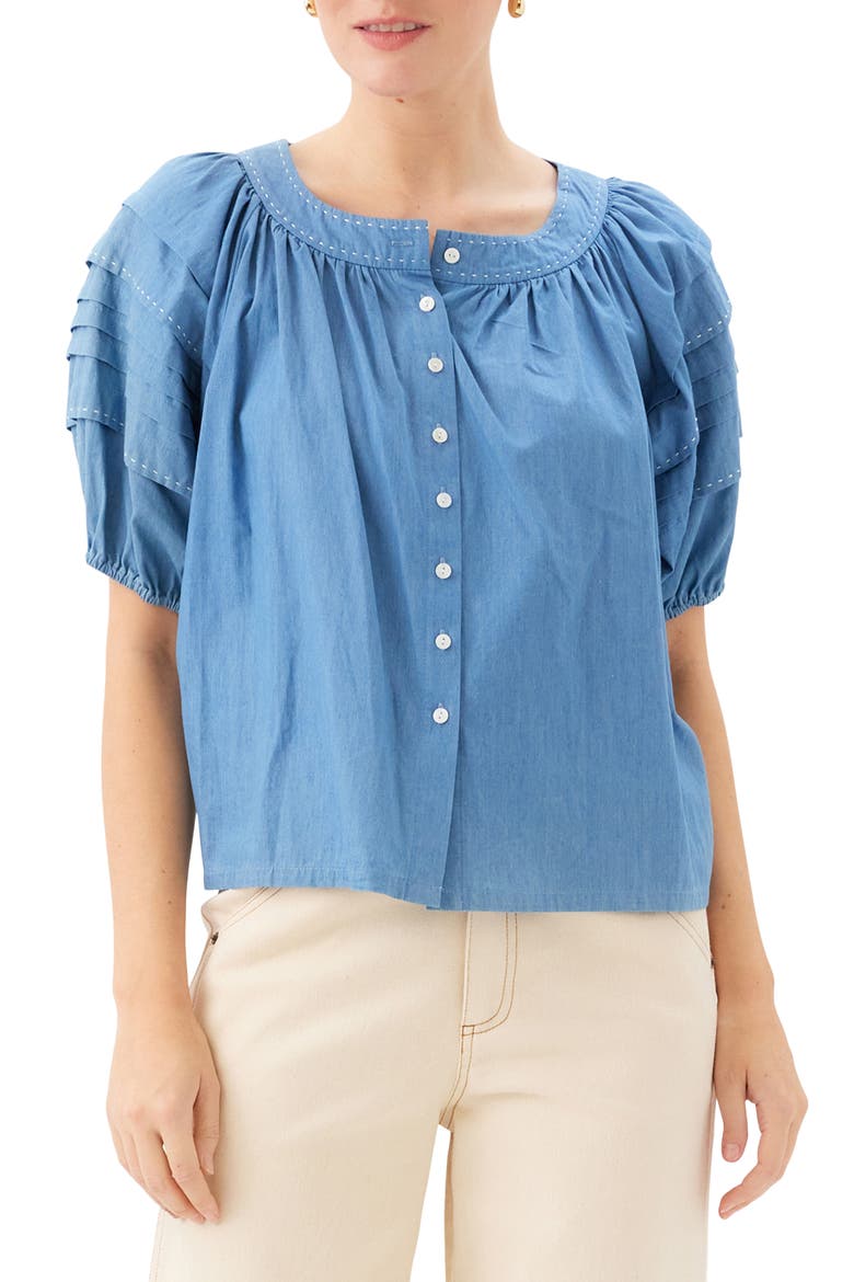Shay Contrast Stitch Puff Sleeve Chambray Button-Up Shirt, Main, color, CHAMBRAY