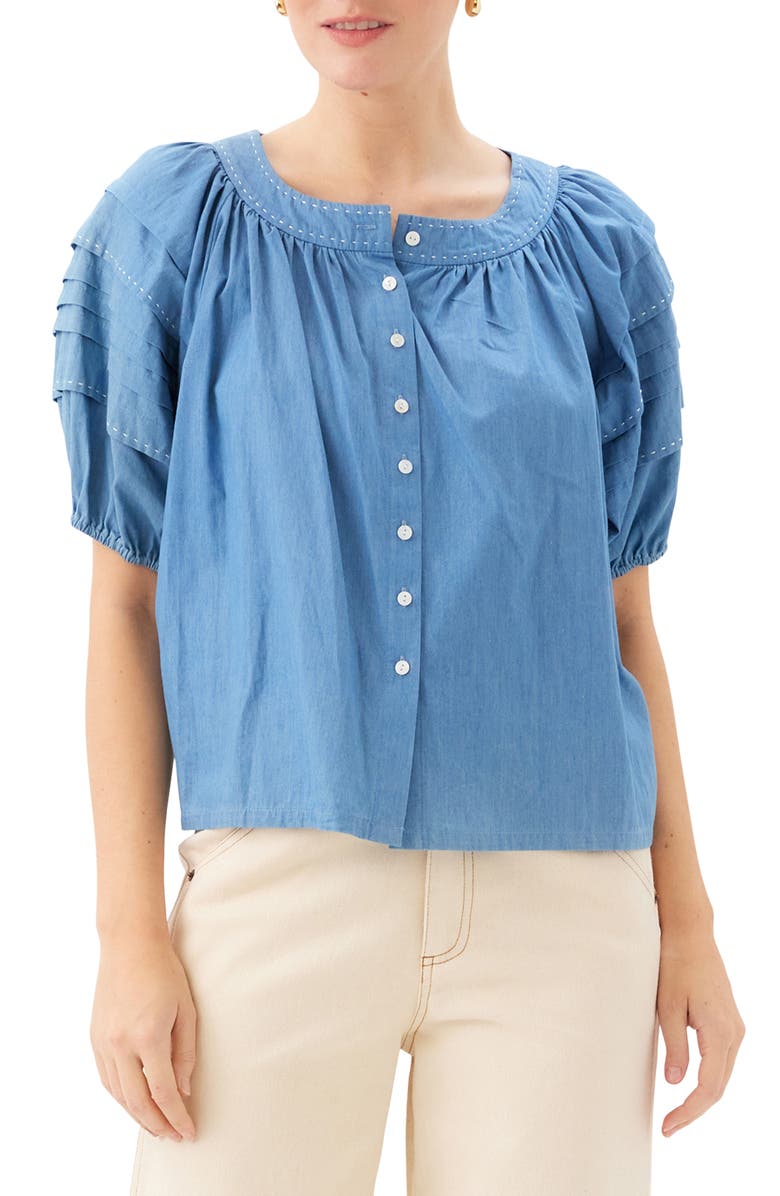 FIFTEEN TWENTY Shay Contrast Stitch Puff Sleeve Chambray Button-Up Shirt, Main, color, Chambray