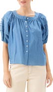 FIFTEEN TWENTY Shay Contrast Stitch Puff Sleeve Chambray Button-Up Shirt
