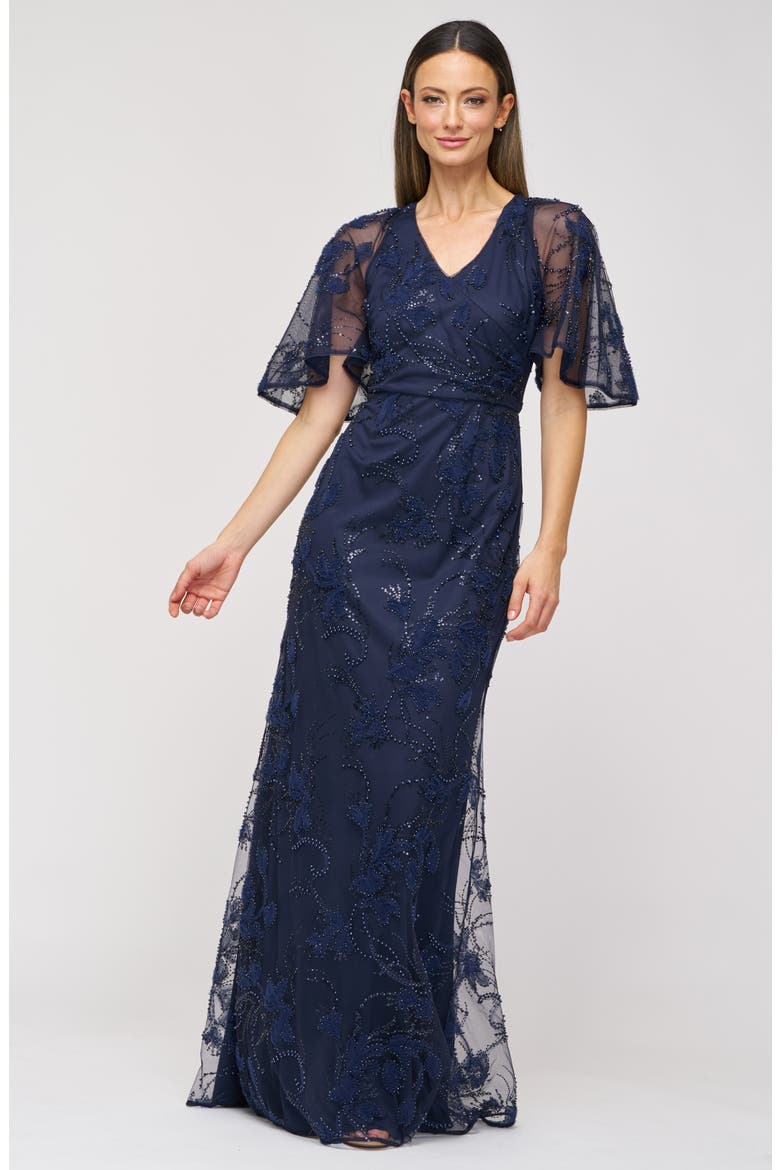 Alex Embellished Flutter Sleeve Gown, Alternate, color, NAVY