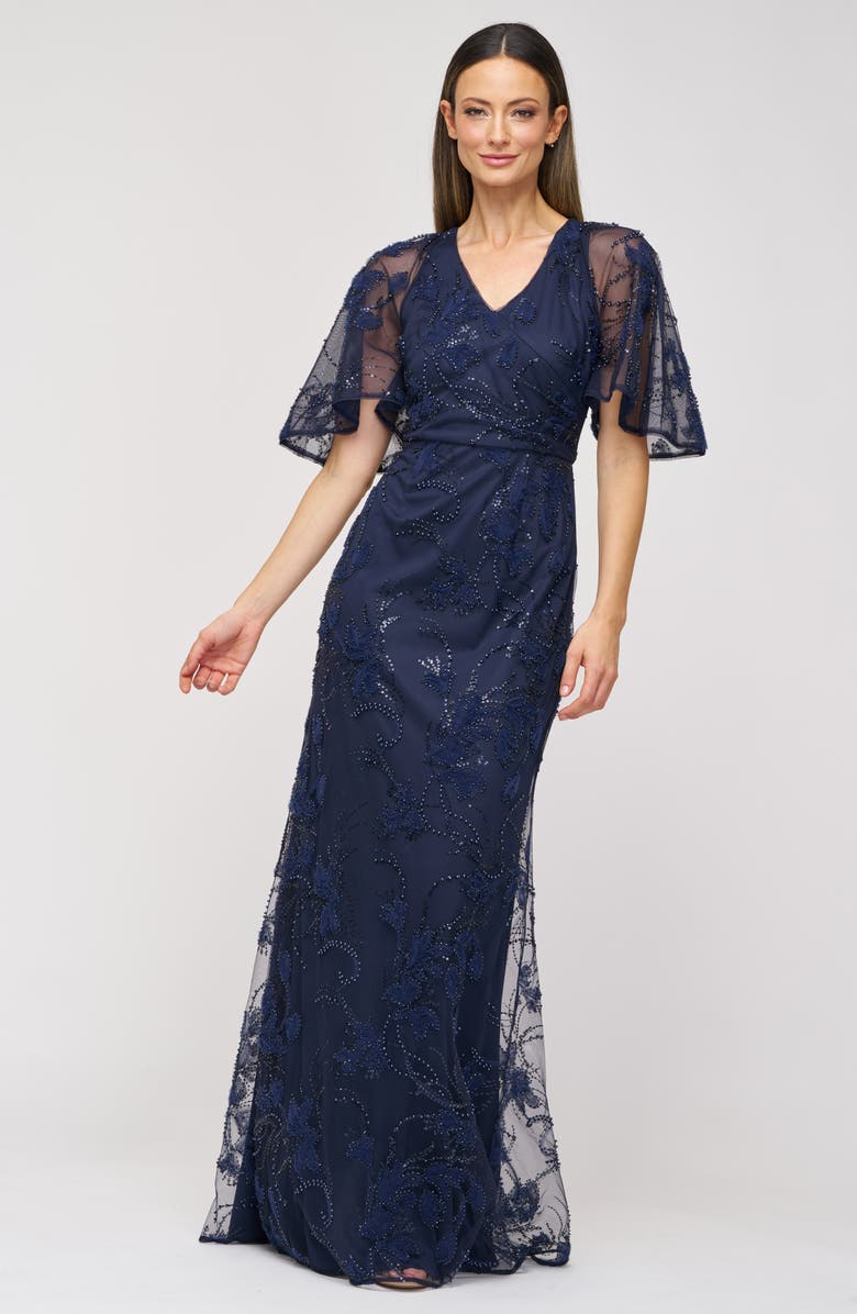JS Collections Alex Embellished Flutter Sleeve Gown, Alternate, color, Navy