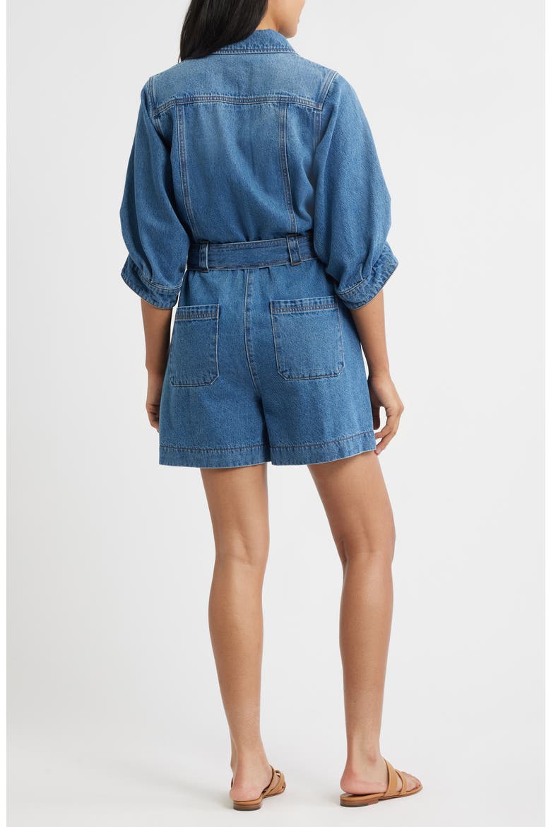 Barrel Sleeve Tie Waist Denim Romper, Alternate, color, MID BLUE